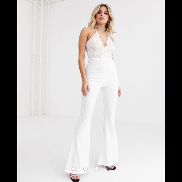 Rare London lace plunge front top wide leg jumpsuit in white. - Picture 2 of 4